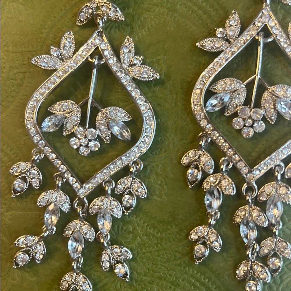 High Glam 5-Inch Silver Rhinestone Drop Earrings Sparkly Statement Jewelry NWOT